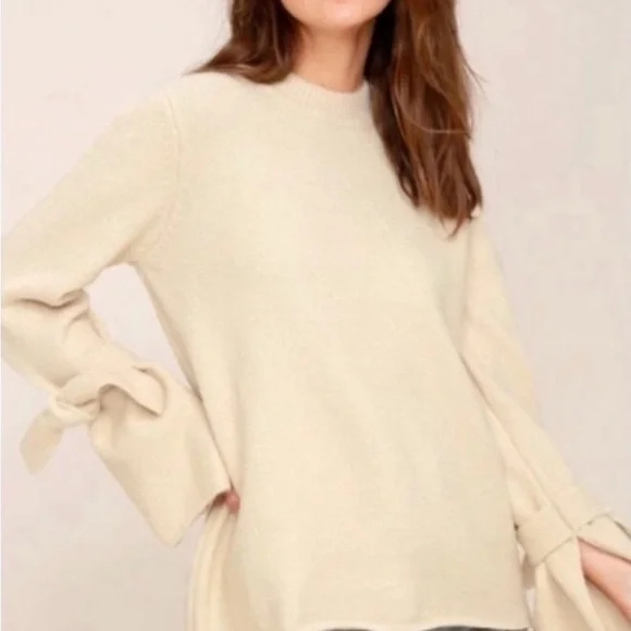 Anthropologie J.O.A. Oversized Tie Sleeve Fisherman Chunky Sweater Knit Cream XS - Picture 2 of 9